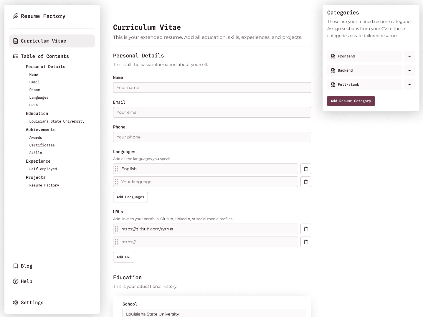 Resume Factory demo